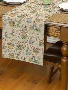 1 pieza Mantel con diseño de conejo de Pascua y flores, decoración de primavera y fiesta de Pascua, tela de poliéster, forma rectangular con acentos de conejo y flores de colores, adecuado para fiesta de Pascua o decoración de mesa de temporada - Verde - Ver 6