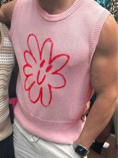  ANDREILEE Spring/Summer Men Unisex Solid Color Smiling Pattern Fitness Sports Commute Loose Street Round Neck Knit Sweater Vest, Pink