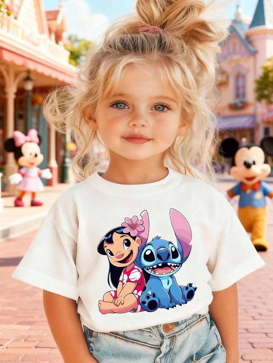 Disney Girls' T-Shirt, Stitch And Lilo Cartoon Print, Summer Cotton Crew Neck Short Sleeve For Girls, Perfect For Everyday Wear, Vacations, Outdoor Activities, And As A Gift For Kids. - 白色 - 查看 1