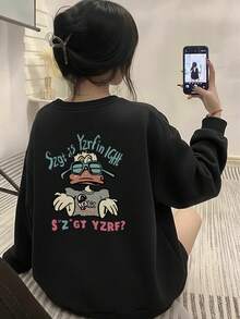 Women's Casual Loose Fit Cotton Sweatshirt With Cartoon Duck Print And Letter Pattern, Versatile For Autumn/Winter - Black - View 2