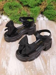 新款女童厚底黑色凉鞋，蝴蝶结布艺魔术贴设计，圆头，适合夏季、校园、度假穿着 - 黑色 - 查看 2