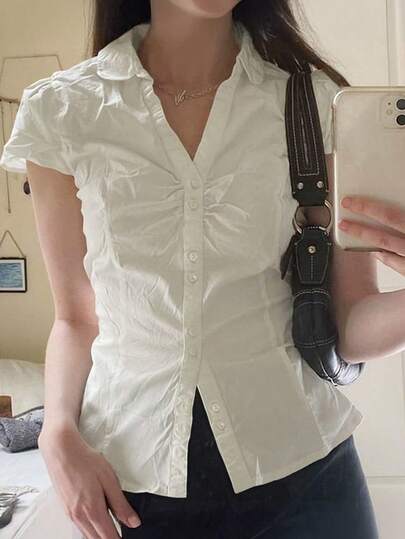 Y2K Preppy Style Spring Women's Shirt, Cute Ruffle Collar Button-Down Casual Short Sleeve Fitted White Blouse, Suitable For Valentine's Day, Graduation Season