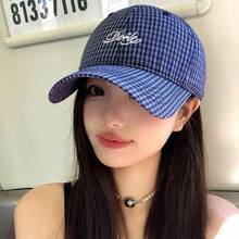 Couple's Simple Letter Embroidery Soft Top Retro Plaid Brimmed Cap, Thin Long Brim Sun Protection 5-Panel Hat, Streetwear Flat Brim Snapback Cap, Checkered Baseball Cap, Unisex American British College Style Sports Sun Hat, Spring/Summer - College Style - View 5