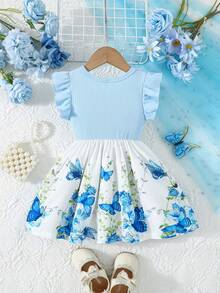 Đầm tay bồng màu xanh dương cho bé gái, thắt eo, kèm họa tiết bướm và hoa, tạo nên bộ trang phục thường ngày dễ thương. - Màu xanh nhạt - Xem 2