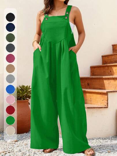 Plus Size Women's Pleated Wide Leg Casual Solid Color Bib Pants, Autumn/Winter