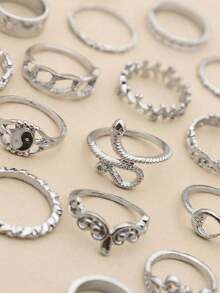 Bộ 16 nhẫn bản lề rỗng hình học cổ điển dành cho nữ, có họa tiết Âm Dương, Mặt Trời, Mặt Trăng, Rắn, Lá và Hoa, thích hợp để trang trí hàng ngày, phối đồ, hẹn hò, tiệc tùng, làm quà tặng ngày lễ. [Kích thước nhẫn được đánh dấu, không thể điều chỉnh, vui lòng không bẻ cong mạnh] - Bạc - Xem 3