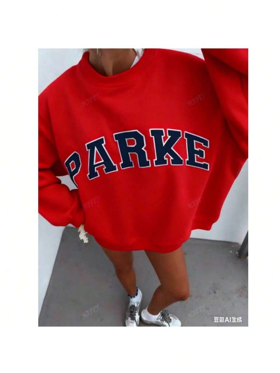 Women's Casual "PARKE" Letter Print Loose Pullover Sweatshirt, Encountering Lazy Fashion. - Đỏ - Xem 1