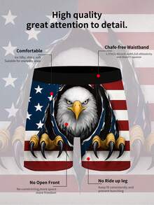 男士平角内裤 1 件装 - 美国国旗和白头鹰爱国印花内裤，适合 7 月 4 日国庆节穿着及日常爱国风格 - 黑色 - 查看 3