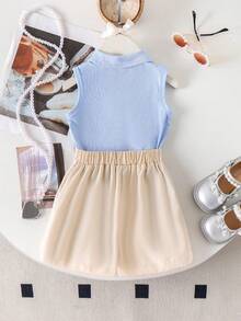 2件套女童甜美纯色翻领无袖上衣和蝴蝶结口袋短裙套装，夏季 - 藍色 - 查看 3