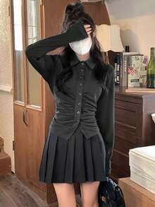 Women's Long Sleeve Ruched Design Casual Cardigan Top - Dark Grey - View 2