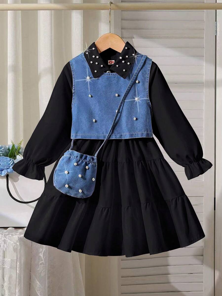 3件套女童串珠连衣裙套装：时尚串珠连衣裙 + 可爱串珠牛仔背心 + 时尚串珠包 - 黑色 - 查看 1