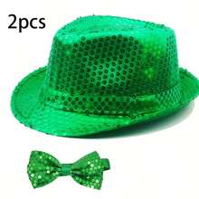 2pcs/Set St. Patrick's Day Party Unisex Stylish Sequin Bow Tie And Hat - Multicolor - View 6