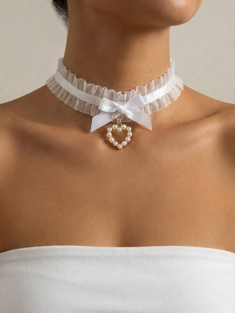 1 chiếc vòng cổ choker ren dễ thương, ngọt ngào với mặt dây chuyền hình chuông và nơ vàng, món quà thanh lịch dành cho phụ nữ. - trắng - Xem 1