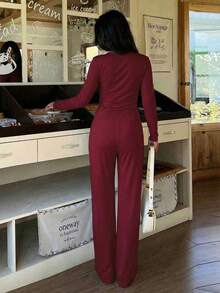 Setelan Wanita Warna Polos Kasual Minimalis Gaya Jalanan untuk Komuter, Atasan Lengan Panjang dan Celana Panjang Musim Semi - Burgundy - View 3