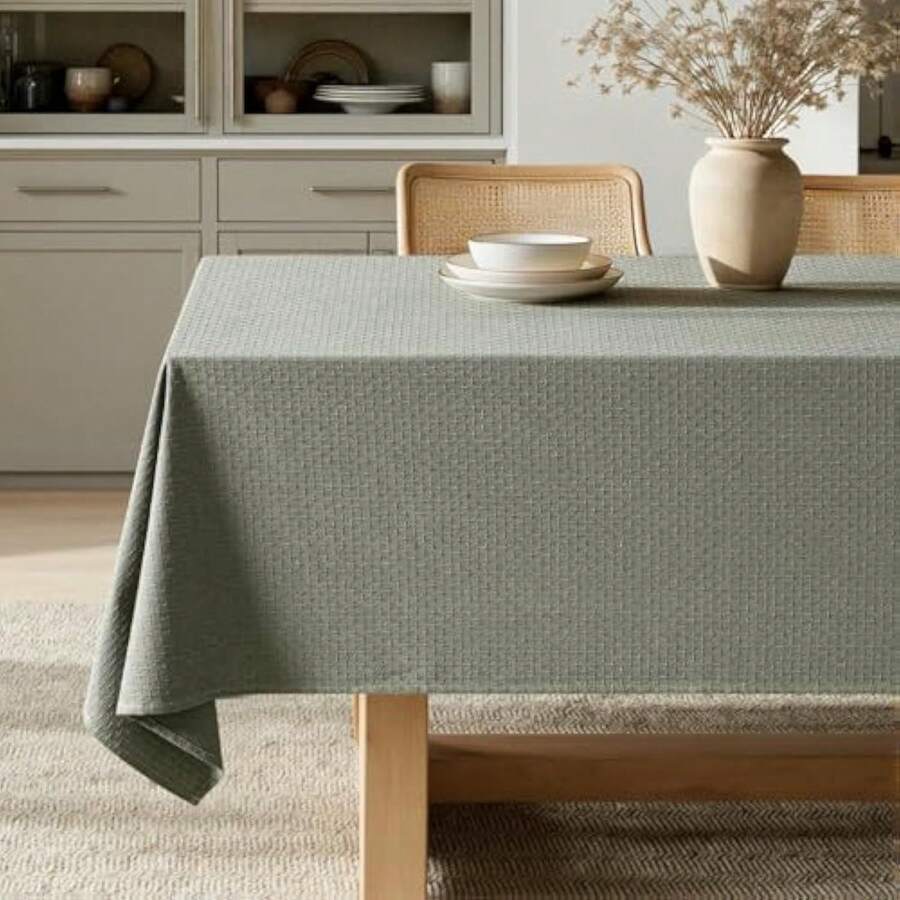 Olive Green Linen Cotton Table Cloth Rectangle Tablecloth Spring Waterproof Spillproof Cross-Star Textured Table Cltoth Drative Farmhouse Style For Dining Party Weddings 60x84 Inch Variant 4 - 橄欖綠 - 查看 1