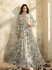 Faeriesty Elegant Shirt Collar Printed Mid-Length Dress: Layered Ruffle Hem Puff Sleeve Dress, Front Button Closure, Adjustable Waist Tie, Lightweight And Flowing Fabric - Perfect For Garden Weddings, Boho Bride Photoshoots, Romantic Getaways, Outdoor Celebrations, And Destination Vacations. Party - White - View 8