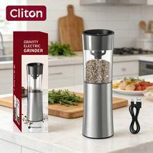 CLITON Gravity Electric Pepper Mill & Salt Grinder Set, USB Rechargeable Base, No Battery Needed, One-Handed Operation, Adjustable Coarseness, Automatic Electric Seasoning Grinder, Refillable, Adjustable Coarseness, LED Light, Plastic & Stainless Steel Material