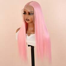 Light Pink Hair Glueless 13x6 HD Lace Synthetic Lace Front Wig 28 Inches Baby Pink Long Straight Wigs For Women Hand Tied Pre Plucked Hairline - 淺粉色 - 查看 6