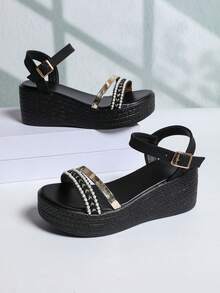 仿珍珠绑带厚底坡跟凉鞋，轻便鞋底，百搭舒适，适合夏季出行，经典设计永不过时。 - 黑色 - 查看 3