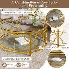 MERAX Round Tempered Glass Coffee Table In 30.7",Luxurious Geometric Metal Frame,Gold Finish & Lower Shelf, Transparent - 透明的 - 查看 5