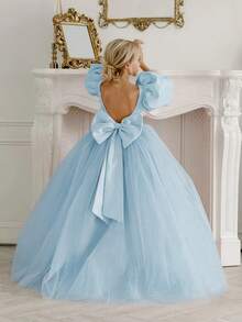 Tween Girl Bowknot Back Deep V Puff Sleeve Mesh Tulle Princess Dress, Suitable For Christmas, Birthday Party, Flower Girl, Wedding, Prom, Holiday Occasion - Baby Blue - View 1