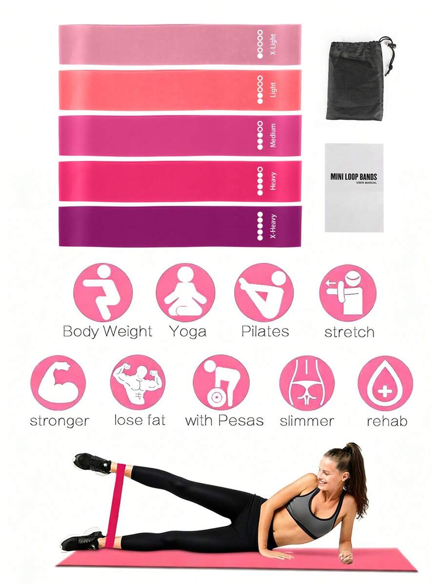 Bộ 5 dây kháng lực, dây tập luyện kèm hướng dẫn sử dụng và túi đựng, bộ 7 dây tập thể dục dùng cho tập luyện, tăng cường sức mạnh, giãn cơ, dụng cụ tập gym tại nhà, phù hợp cho Pilates, Yoga, vật lý trị liệu, tập chân, mông, tay cho cả nam và nữ. - Nhiều màu - Xem 1