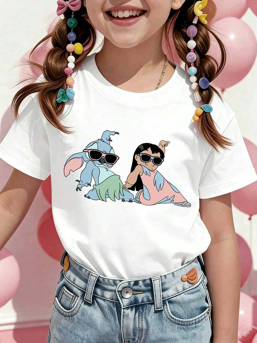 Disney Girls' T-Shirt, Featuring Creative Stitch And Lilo Cartoon Prints. Summer Cotton Crew-Neck Short-Sleeve Tee For Girls, Perfect For Everyday Wear, Vacations, Outdoor Activities, And As A Gift For Children. - 白色 - 查看 1