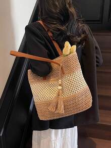 1 件新款时尚沙滩风女士手提包，轻便手工编织草编单肩包，撞色条纹流苏装饰休闲草编托特包，拉链封口，是度假旅行的理想之选 - 卡其色 - 查看 7