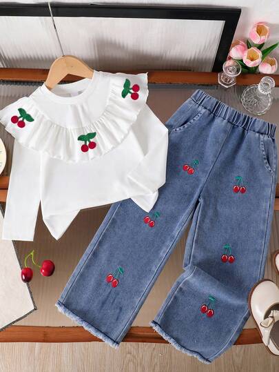 Top à manches longues avec volants et broderie de cerises pour préadolescentes et pantalon en jean avec broderie de cerises