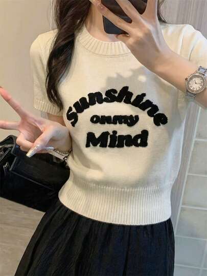 2026 Summer Cream Short-Sleeve Knit Crop Top - Casual Sweet 3D Flocked Letter Decor Crew Neck Slim-Fit Ladies Sweater & Ladies Top | For Young Ladies & Ladies, Perfect For 2026 Y2K Retro /Valentine's Day/Women's Day/Mother's Day/Casual Hangout/Beach Vacation/Party Gathering
