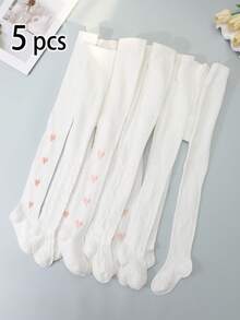 5pcs Girls' White Tight Leggings, Heart, Butterfly, Diamond, Wave Jacquard Tights, Suitable For Daily Wear All Seasons - White - View 11