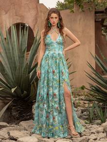 Faeriesty Elegant Bohemian Style Printed Maxi Dress: Strapless Neckline, Tie-Back, Layered Ruffle Hem, High Slit, All-Over Printing, Flowing Lightweight Fabric - Perfect For Wedding Guests, Bohemian Bride Photoshoot, Garden Wedding, Destination Wedding, Romantic Getaway Summer - Green - View 5