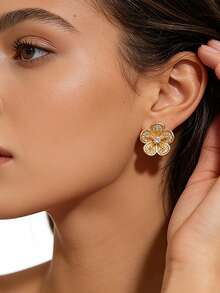 1 Par de Brincos de Botão Retrô Fashionista com Flor Cintilante, Adequado para Uso Diário e em Feriados Femininos - Dourado - Visão 2