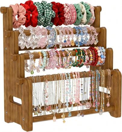 4-Tier Wooden Jewelry Display Stand For Bracelets, Bangles & Scrunchies