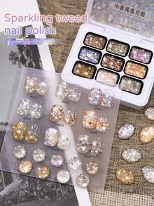 Sparkling Tweed 9-Color Nail Glitter Set, Shimmering Silver Golden Purple Multi-Color Palette For DIY Manicure, Cute Nail Art For Party & Special Occasion, Gift For Nail Lovers, Home Salon Nail Kit - 彩色 - 查看 6