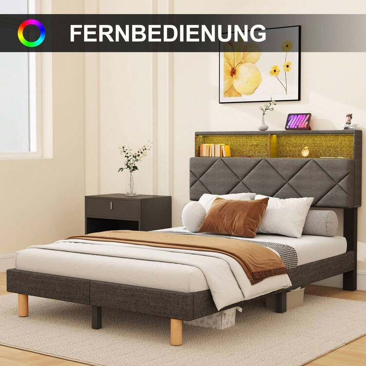 OYAJIA Polsterbett Boxspringbett 140x200cm Doppelbett , Einzelbett 90x200cm Bettgestell, Gästebett, mit LED-Leuchten, Lattenrost und Kopfteil aus Holz, Stauraumbett, Grau - Grau - Übersicht 3