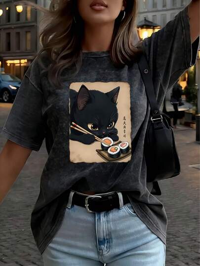 Plus Size Women's Vintage Washed T-Shirt, Featuring Cute Cat Print, Made Of 100% Cotton, Short Sleeve Top, Comfortable Crew Neck Casual Style, Summer T-Shirt, Soft Washed Fabric, Relaxed Fit