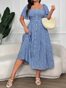 Pretty and Ole Robe d'été boho pour femme avec col carré boutonné, imprimé floral délicat, grande taille - Bleu azur - Voir 7