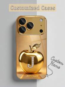 1 pieza Funda de teléfono personalizable con 26 letras, diseño de manzana con strass dorados de moda, chapado en oro, compatible con iPhone 17 Pro Max/16 Pro Max/15/14 Plus/13 Pro/12 Pro Max/11/Xs Max/8/7/6 Plus, de moda, colorida, linda, divertida, minimalista, a juego - Dorado - Ver 3
