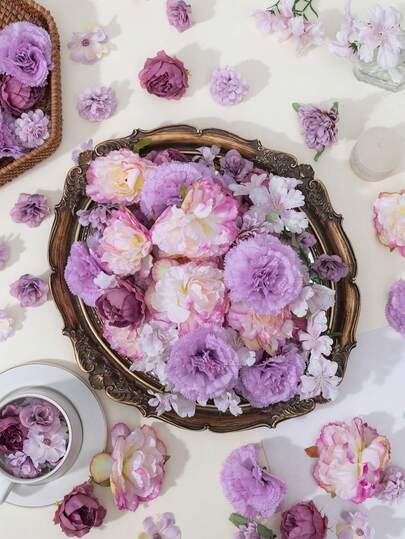 MEHELANY 24Pcs/Set Purple Mixed Artificial Flower Heads Artificial Peony Flower Heads, Fake Roses, Artificial Flower Head Set For Wedding, Mother's Day Valentine's Day DIY Wreath Flower Strip Garland Decoration, New Year Decoration, Gift, Bridesmaid Hand Flowers, Corsage Decoration, Bridal Farewell Party, Home Party Decoration Supplies, Indoor Living Room, Dining Table, Cake Accessories, Spring Decoration