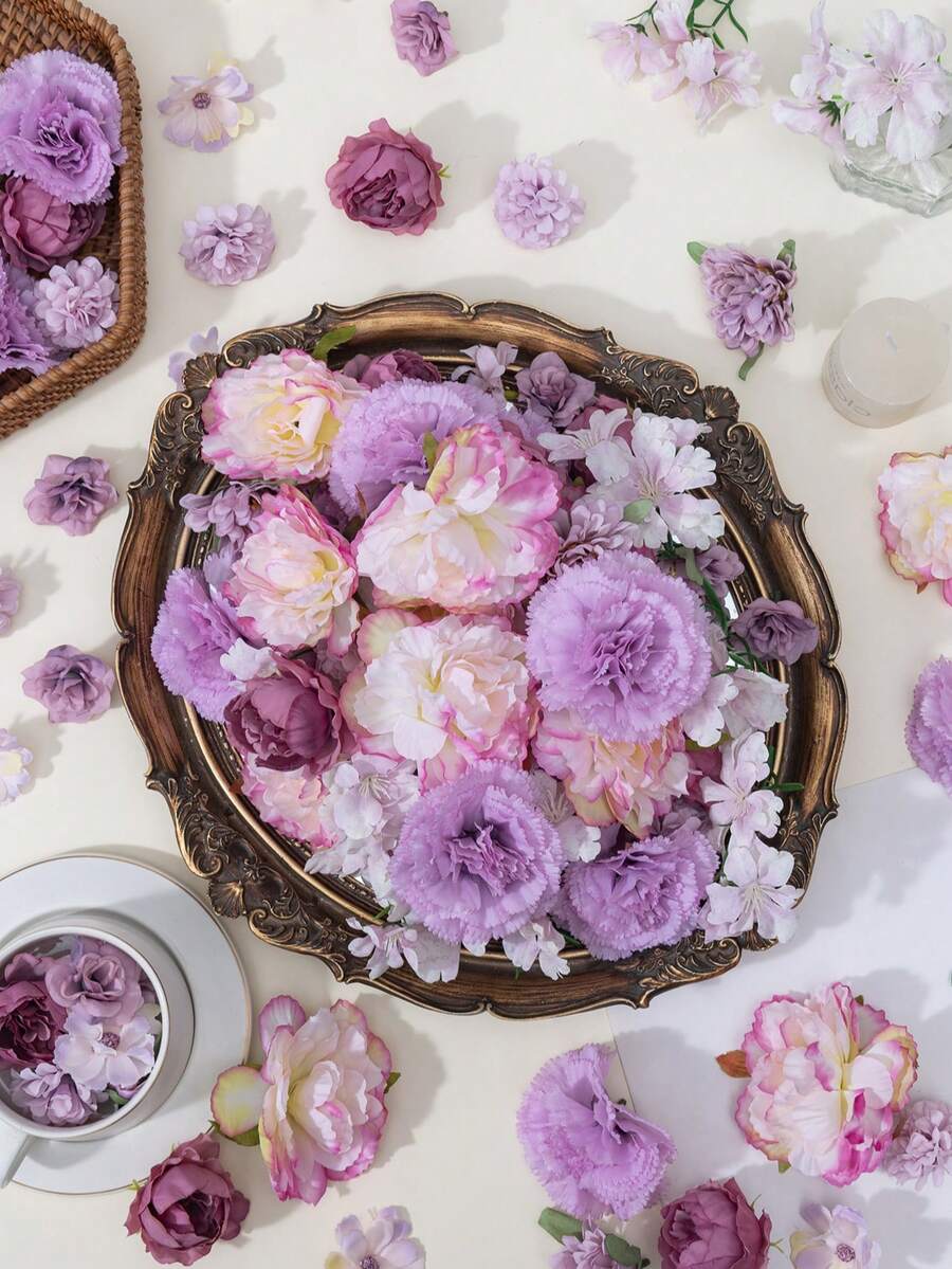 MEHELANY 24朵混合仿真紫色牡丹花头，仿真玫瑰花头，仿真花套装，适用于婚礼、母亲节、情人节DIY花环、花束、装饰品、新年、礼物、伴娘捧花、胸花、新娘送礼会、家庭聚会、客厅、餐桌、蛋糕装饰、春季装饰 - 紫色 - 查看 1