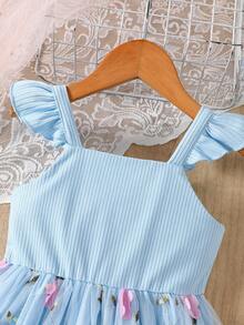 Young Girls' Spring/Autumn Knitted Flutter Sleeve Camisole Top Paired With Embroidered Floral Mesh Princess Dress, Casual Dress Set - Blue - View 3