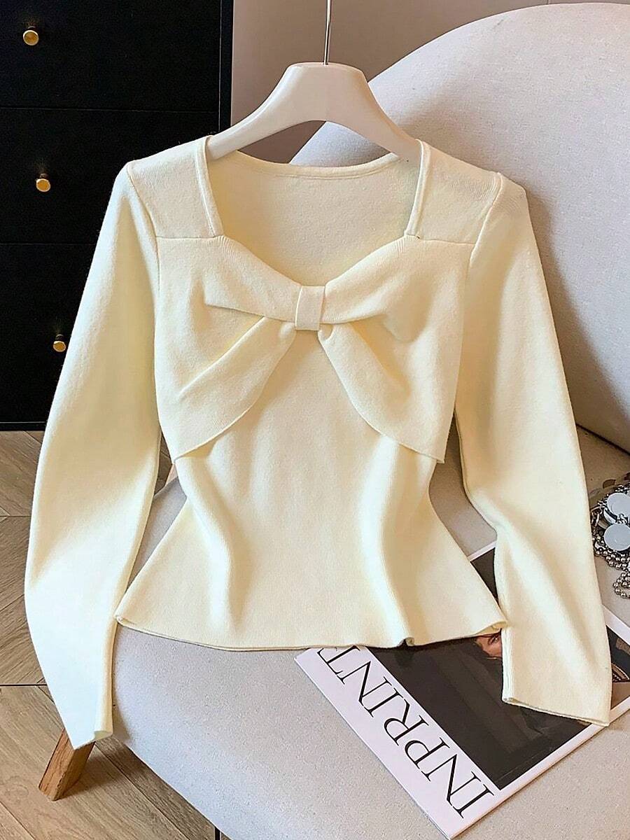 Blusa de mujer Camiseta sexy de corte ajustado con cuello cuadrado y lazo para mujer, modelo Pure Desire, para principios de otoño, con manga larga y corte corto. - Albaricoque - Ver 1