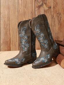 Women's Cowboy Cowgirl Western Mid Calf Boots Square Toe Embroidered Stitched Pull On Low Chunky Heel For Country Country Music Festival Party Coffee Brown Boots - Cà phê nâu - Xem 6