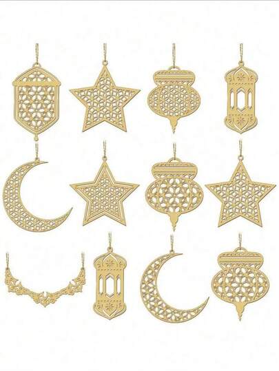 6pcs - Ramadan Wooden Decorations, Ramadan Blessing Decor, Moon & Star Lantern Shaped Hanging Ornaments, Ramadan & Eid Al-Fitr DIY Home Decor, Eid Al-Fitr Wooden Pendant Ornaments, Various Shaped Decorative Hanging Pieces