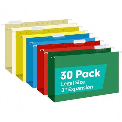 HERKKA Extra Capacity Legal Size Hanging File Folders, 30 Pack Reinforced Legal Size Hanging Folders With Heavy Duty 3 Inch Expansion, Designed For Bulky Files,  Charts, Assorted Colors