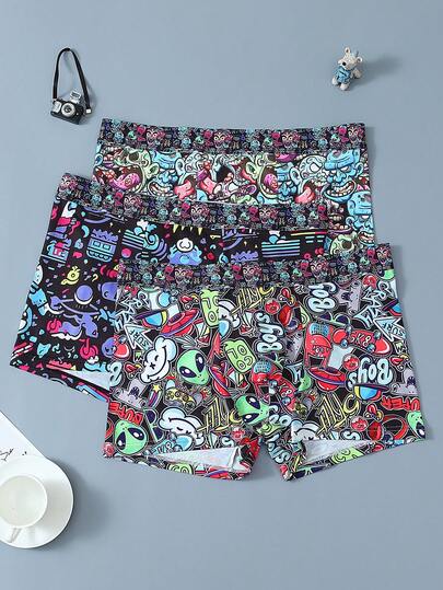 3PCS Men's Underwear, Random Graffiti Print, Elasticated Waistband And Stretch Men's Boxers
