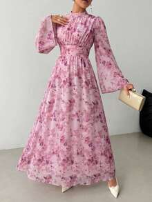 Đầm hồng in họa tiết xếp ly thanh lịch dành cho nữ, kiểu dáng Ả Rập, trang phục ngày Valentine, trang phục dự tiệc sang trọng, trang phục dự đám cưới, trang phục sinh nhật, trang phục đi nghỉ mát, trang phục nghỉ xuân. - Hồng - Xem 6
