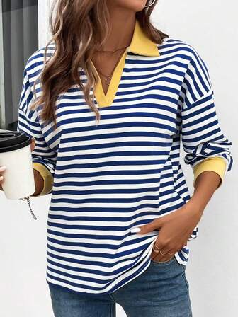Sudadera casual de manga larga con rayas y cuello de contraste de color para mujer, cómoda para el transporte, primavera/otoño