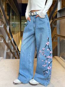 1 pieza Jeans de mezclilla holgados y casuales con bordado para mujer, pantalones de pierna ancha cómodos y versátiles para todo el año, de estilo urbano - Lavado ligero - Ver 9